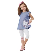 Deniz Kedisi Kız Çocuk Tunik Tayt Takım (Beyaz-Mavi)