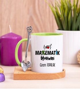 Matematik Öğretmeni Ahşap Altlıklı Yeşil Kupa Bardak