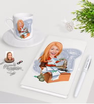 BK Gift Kişiye Özel Bayan Patron Karikatürlü Beyaz Defter Kalem Türk Kahvesi Fincanı Seti-6 (Model 1)