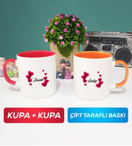 İkili İsme Özel Sevgililer Günü Hediyesi Kupa Bardak Kırmızı Turuncu