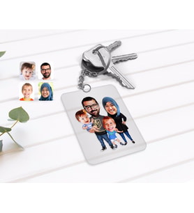 BK Gift Kişiye Özel Tesettürlü Aile Karikatürlü Şeffaf Pleksi Anahtarlık-3 (Beyaz)