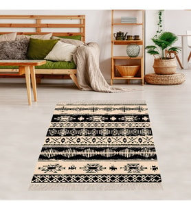 Kilim Desenli Etnik Dijital Baskı Yıkanabilir Kaymaz Taban Modern Salon Halı ve Yolluk (Siyah-Krem)