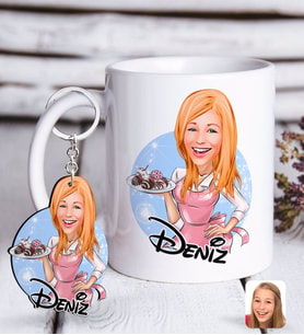 BK Gift Kişiye Özel Kadın Aşçı Karikatürlü Beyaz Kupa ve Anahtarlık Hediye Seti-4 (Model 1)