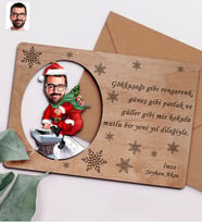 BK Gift Kişiye Özel Bay Karikatürlü Retro Ahşap Yılbaşı Tebrik Kartı - 2