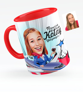 BK Gift Kişiye Özel Hostes Karikatürlü Kırmızı Kupa Bardak  1