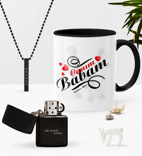 BK Gift Kişiye Özel Canım Babam Siyah Kupa Benzinli Çakmak Kolye Seti-7 (Model 1)