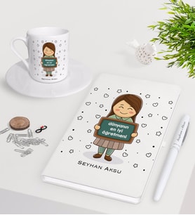 BK Gift Kişiye Özel Dünyanın En İyi Öğretmeni Beyaz Defter Kalem Türk Kahvesi Fincanı Seti-17 (Model 1)
