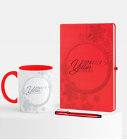 BK Gift Kişiye Özel Yılbaşı Mutlu Yıllar Temalı Kırmızı Defter Kalem Kupa Seti - 14