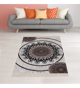 Mandala Desenli Etnik Dijital Baskı Yıkanabilir Kaymaz Taban Leke Tutmaz Salon Halısı ve Yolluk (Gri)