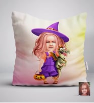 BK Gift Kişiye Özel Küçük Cadı Karikatürlü Beyaz Yastık-1