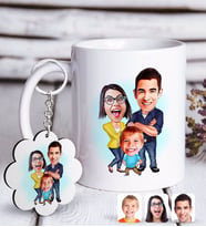 BK Gift Kişiye Özel Aile Karikatürlü Beyaz Kupa ve Anahtarlık Hediye Seti-1
