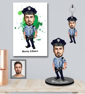 Kişiye Özel Polis Karikatürlü 3 lü Hediye Seti Bay-4