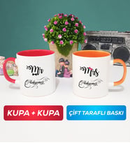 İkili Çiftlere Özel Mr Mrs Sevgiliye Hediye Kupa Bardak Kırmızı Turuncu