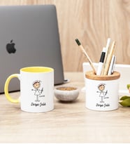 Hemşire Karikatürü Sarı Kupa Bardak Ve Kalemlik Hediye Seti