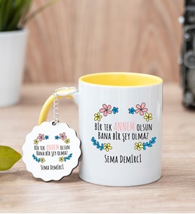 Bir Tek Annem Olsun Sarı Kupa Bardak Ve Anahtarlık Set