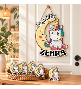 Kişiye Özel Bebek Kapı Süsü Ve 50Adet Magnet Seti Gülen Ay