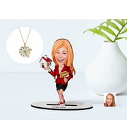 BK Gift Kişiye Özel Kadın Emlakçı Karikatürlü 3D Ahşap Biblo ve İsimli Tarihli Papatya Kolye Seti-2 (Model 1)
