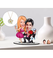 BK Gift Kişiye Özel Sevgililer Karikatürlü 3D Ahşap Biblo ve Çift İsimli Papatya Kolye Seti-9 (Model 1)