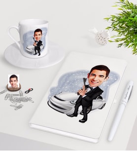 BK Gift Kişiye Özel Erkek Ajan Karikatürlü Beyaz Defter Kalem Türk Kahvesi Fincanı Seti-1 (Model 1)