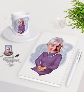 BK Gift Kişiye Özel Büyükanne Karikatürlü Beyaz Defter Kalem Türk Kahvesi Fincanı Seti (Model 1)