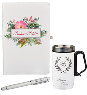 Şık Çiçek ve Yaprak Desenli Kişiye Özel Defter Kalem Termos - Mug Seti