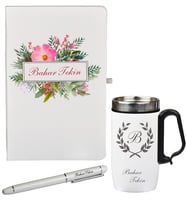 Şık Çiçek ve Yaprak Desenli Kişiye Özel Defter Kalem Termos - Mug Seti