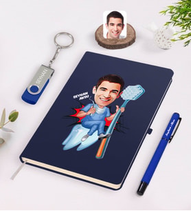 BK Gift Kişiye Özel Erkek Diş Hekimi Karikatürlü Lacivert Defter Kalem 32gb USB Bellek Hediye Seti-2 (Model 1)