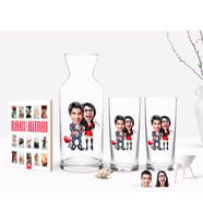 BK Gift Kişiye Özel Renkli Baskılı Sevgililer Karikatürlü İkili Rakı Bardağı Karaf ve Cep Kitabı Hediye Seti-1 (Model 1)