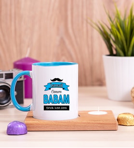 Canım Babam Ahşap Altlıklı Mumlu Mavi Kupa Bardak