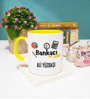 Bankacı Tasarımlı Kişiye Özel Hediye Bankacı Kupa Bardak Sarı