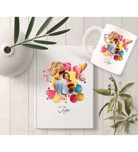BK Gift Kişiye Özel Şeker Tasarımlı İsimli Fotoğraflı Beyaz Defter ve Kupa Seti