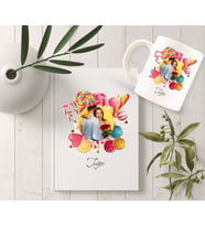 BK Gift Kişiye Özel Şeker Tasarımlı İsimli Fotoğraflı Beyaz Defter ve Kupa Seti