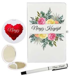 Kişiye Özel Hazırlanmış Hediye Beyaz Defter Roller Kalem ve Ayna Seti