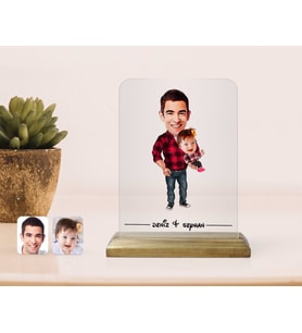 BK Gift Kişiye Özel Baba Kız Karikatürlü Ahşap Standlı Çerçeve-2 (Beyaz)