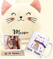 Kişiye Özel Fotoğraflı Sevimli Kedi Puf Yastık & Coffee Friends Cat
