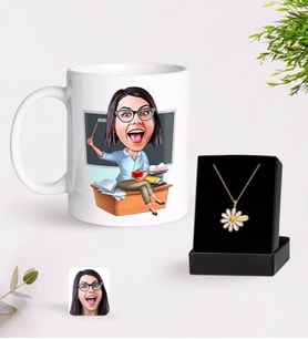 BK Gift Kişiye Özel Bayan Öğretmen Karikatürlü Kupa Ve Papatya Kolye Hediye Seti-2 (Model 1)