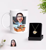 BK Gift Kişiye Özel Bayan Öğretmen Karikatürlü Kupa Ve Papatya Kolye Hediye Seti-2 (Model 1)