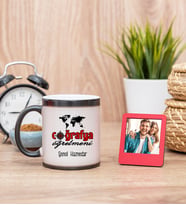 Coğrafya Öğretmeni Sihirli  Kupa Bardak ve Kırmızı Mini Çerçeve