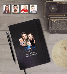 Kişiye Özel Aile Karikatürlü Siyah Defter Kalem Hediye Seti   Mod-2