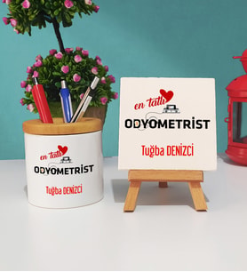 Mesajlı Odyometrist Tasarımlı Kişiye Özel Odyometrist Kalemlik ve Dekoratif Taş Baskı Hediye Seti