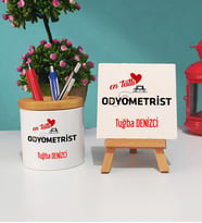 Mesajlı Odyometrist Tasarımlı Kişiye Özel Odyometrist Kalemlik ve Dekoratif Taş Baskı Hediye Seti