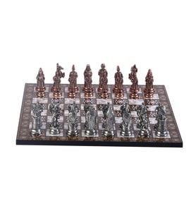 Büyük Boy Metal Osmanlı Bizans Satranç Takımı Antik ve Sedef Desenli MDF Ahşap Satranç Tahtası (37x37 cm.) (Çok Renkli)
