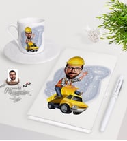 BK Gift Kişiye Özel Erkek Yol Mühendisi Karikatürlü Beyaz Defter Kalem Türk Kahvesi Fincanı Seti-1 (Model 1)