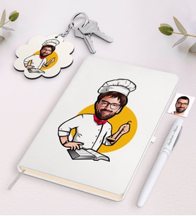 BK Gift Kişiye Özel Erkek Chef Karikatürlü Beyaz Defter Kalem ve Anahtarlık Hediye Seti-12 (Model 1)