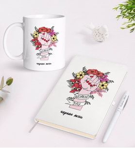 BK Gift Kişiye Özel Kadınlar Günü Tasarımlı Beyaz Defter Kalem ve Kupa Seti-20 (Model 1)