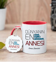 Dünyanın En İyi Annesi Kırmızı Kupa Bardak Ve Anahtarlık Set