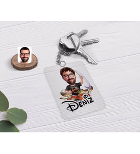 BK Gift Kişiye Özel Erkek Baterist Karikatürlü Şeffaf Pleksi Anahtarlık (Beyaz)