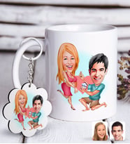 BK Gift Kişiye Özel Sevgililer Karikatürlü Beyaz Kupa ve Anahtarlık Hediye Seti-19 (Model 1)