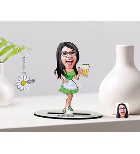 BK Gift Kişiye Özel Kadın Karikatürlü 3D Ahşap Biblo ve İsimli Silver Papatya Anahtarlık-30 (Model 1)