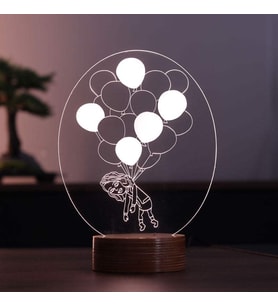 Balonlu Kız Figürlü Dekoratif Hediye Led Masa Lambası 7 Işık Rengi Ahşap Taban